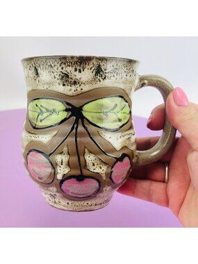 Vintage 1970s stoneware coffee mug, cherries print, desk decor